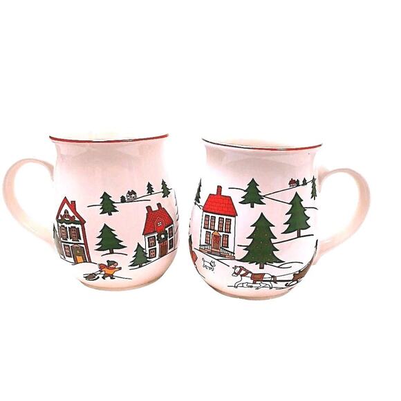 2 Cups Jamestown China Joy of Christmas Coffee Mug Winter Trees Sleigh Ceramic - Picture 5 of 11